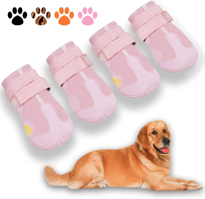 Vier rosa Hundeschuhe mit Klettverschluss, rutschfest, für mittelgroße Hunde.