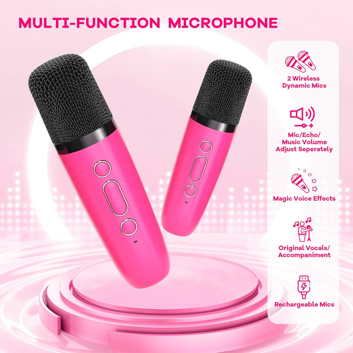 Přenosný mini karaoke přístroj s Bluetooth reproduktorem a 2 bezdrátovými mikrofony – Veylo