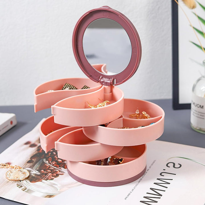 Rosa Schmuck-Organizer mit Spiegel, drehbar, Kunststoff, Aufbewahrung für Ohrringe und Ringe.