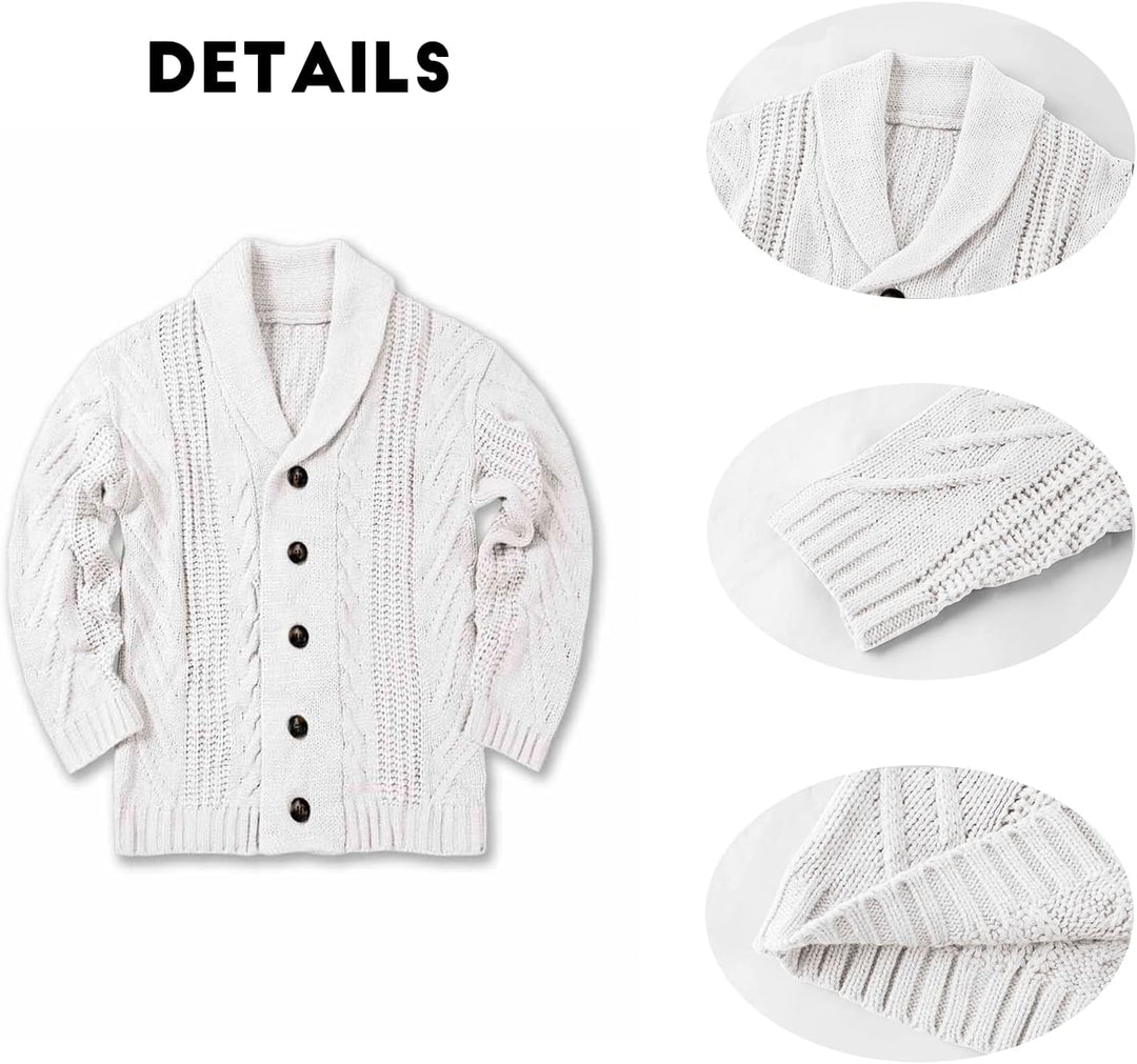 Weiße Strickjacke mit Schalkragen, Knöpfen, Zopfmuster, Baumwolle, Herrenmode.
