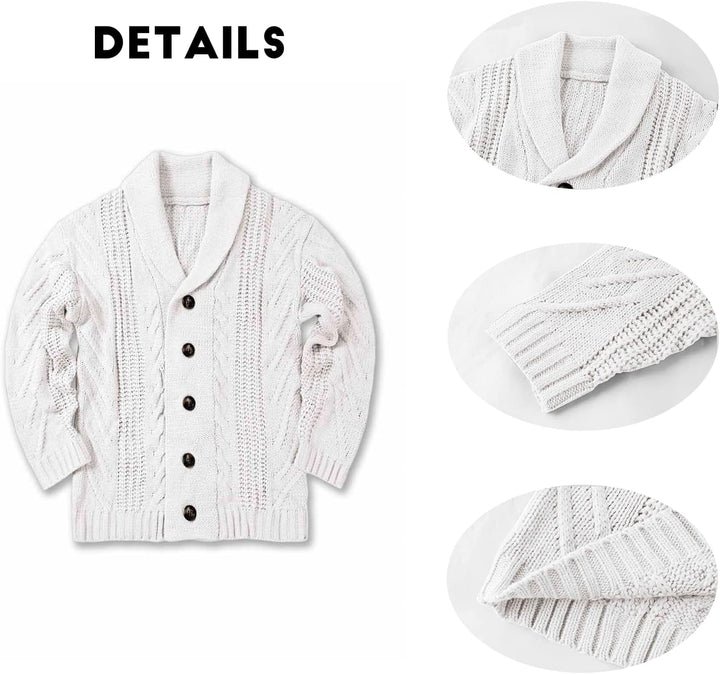 Weiße Strickjacke mit Schalkragen, Knöpfen, Zopfmuster, Baumwolle, Herrenmode.