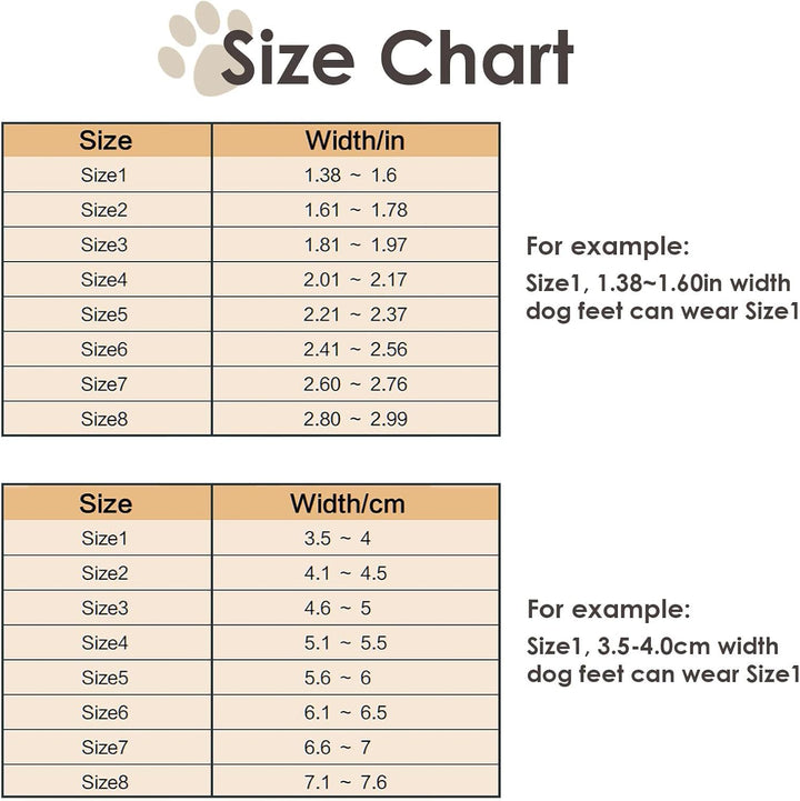 Größentabelle für Hundeschuhe, Größen 1-8, Breite in Zoll und cm, Beispielgrößen enthalten.