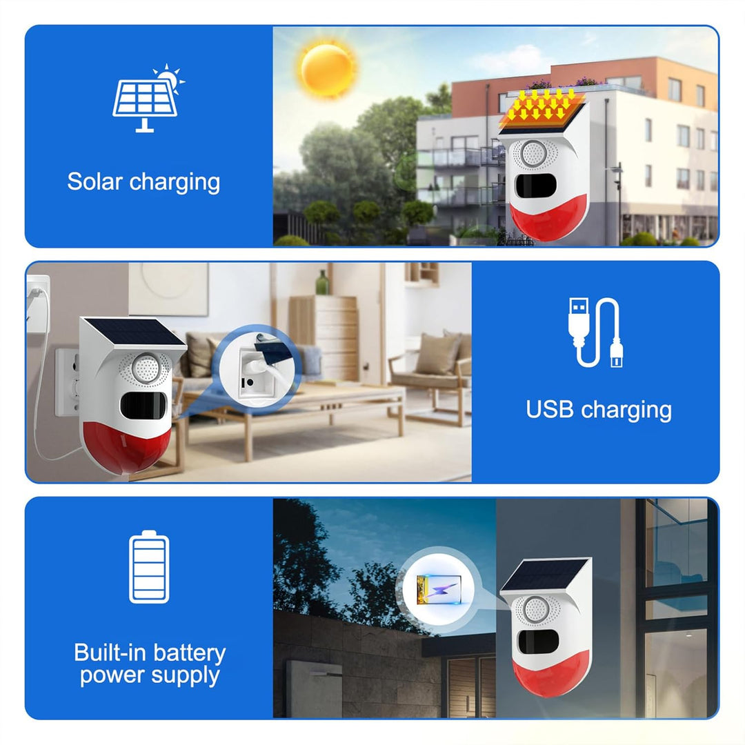 Solární pohybový alarm s 120 dB sirénou a LED stroboskopem – Feronix