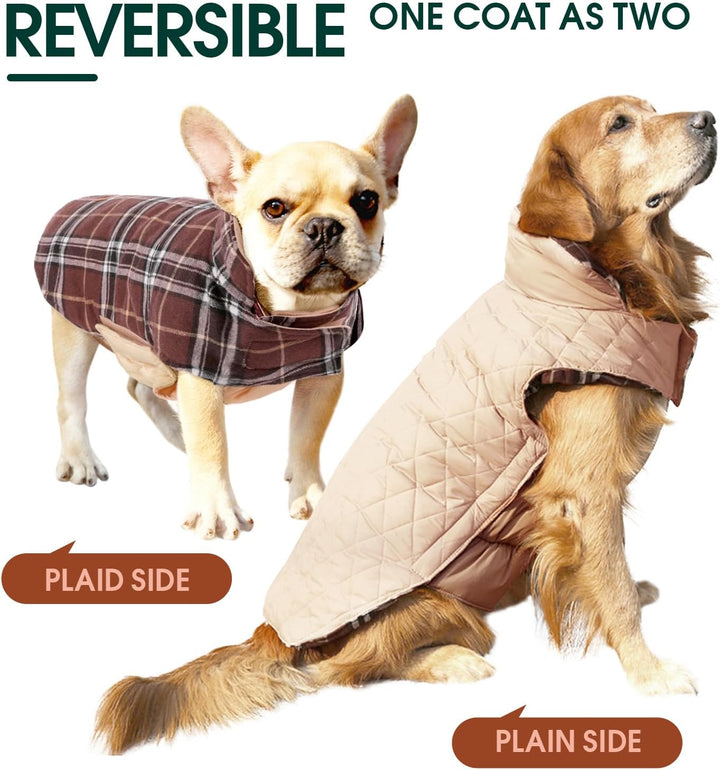 Wendbarer Hundemantel, kariert und beige, für kleine und große Hunde, warm und stilvoll.