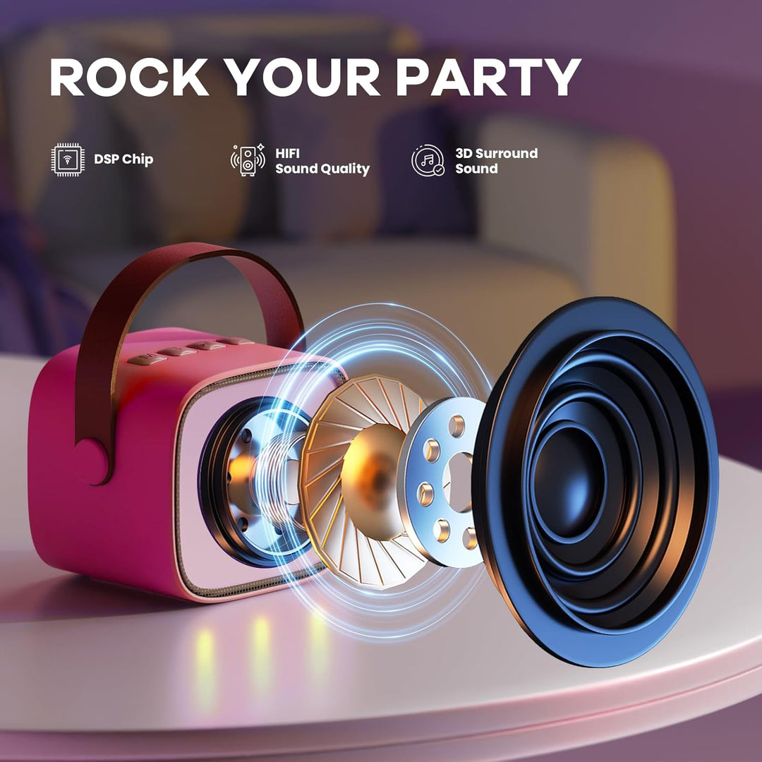 Přenosný mini karaoke přístroj s Bluetooth reproduktorem a 2 bezdrátovými mikrofony – Veylo