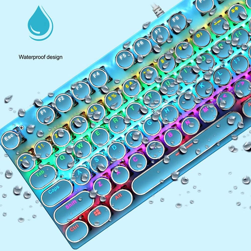 Mechanická herní klávesnice s 87 klávesami, RGB podsvícením a modrými spínači.