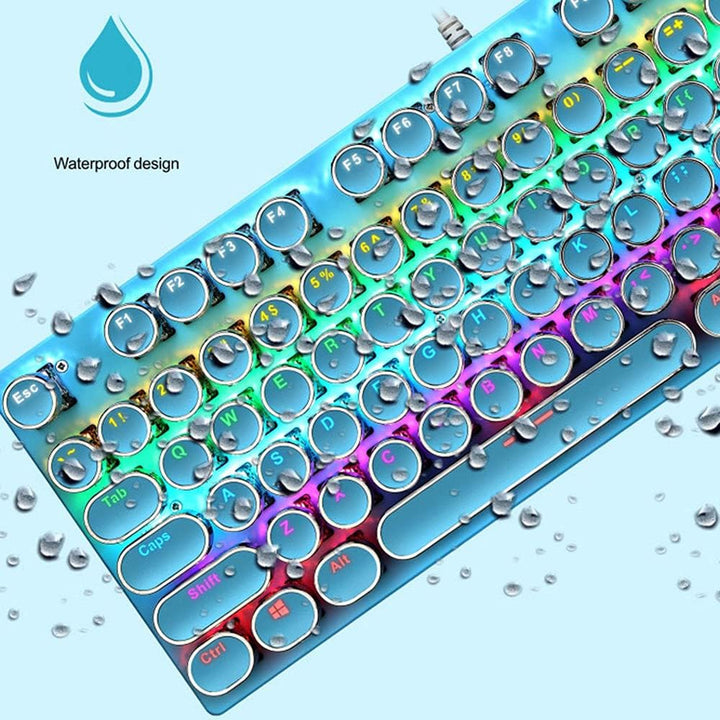 Mechanická herní klávesnice s 87 klávesami, RGB podsvícením a modrými spínači.
