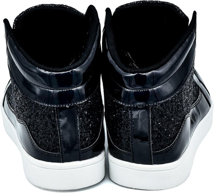 Schwarze Sneaker aus Leder und Stoff, hohe Sohle, modisch, Herren, Rückansicht.
