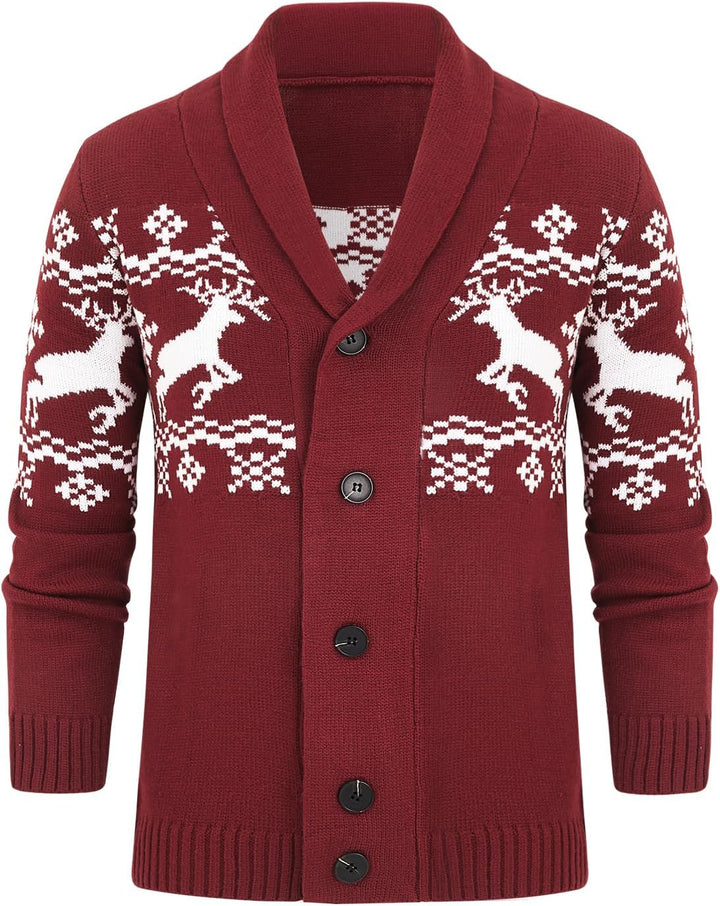 Roter Strickcardigan mit Rentiermuster, Knöpfen, Wintermode, Herrenbekleidung, festlich.
