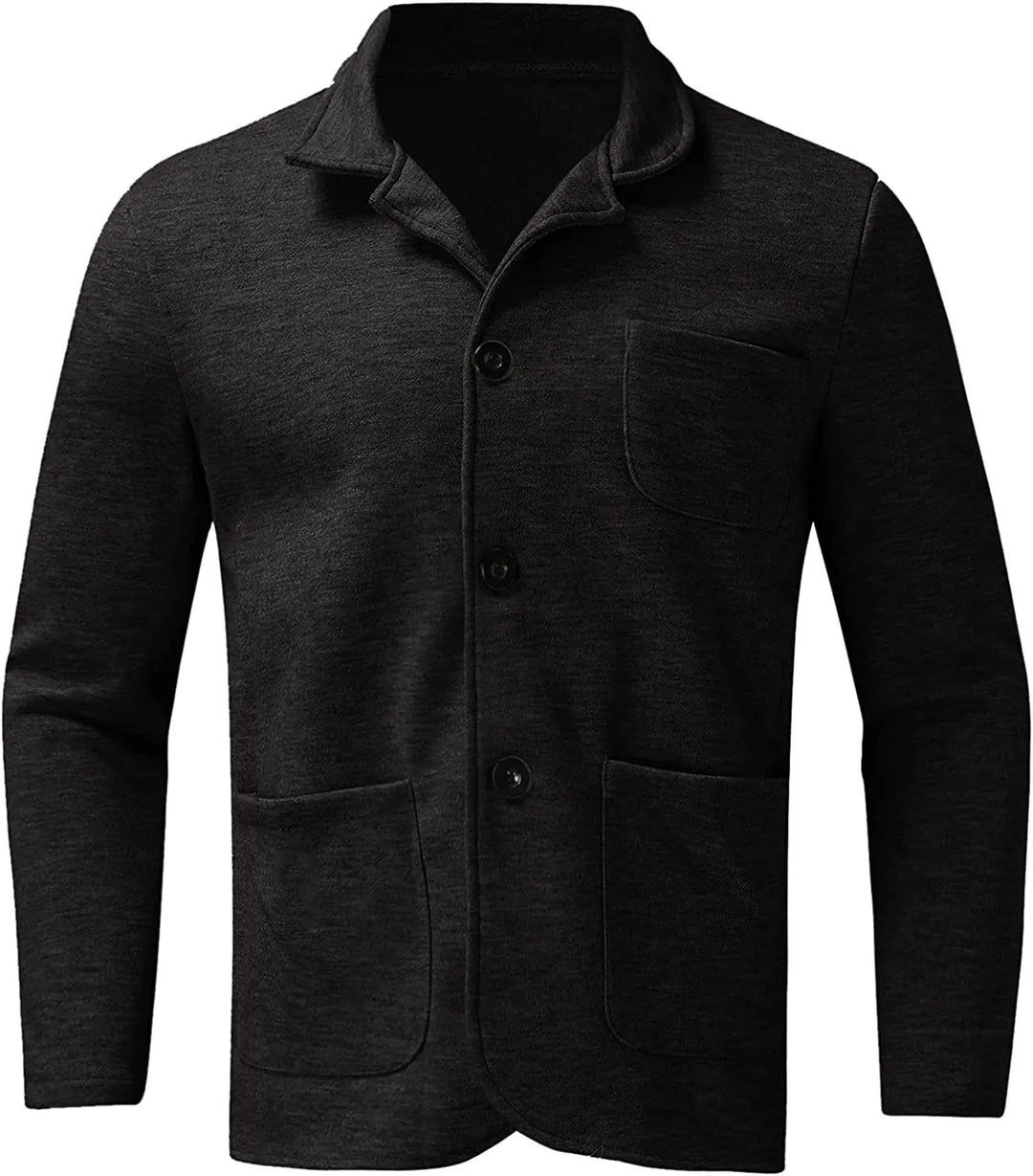 Schwarze Herren-Strickjacke mit Knöpfen, langärmelig, weiches Material, modisches Design.