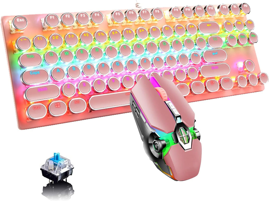 Mechanická herní klávesnice s 87 klávesami, RGB podsvícením a modrými spínači.