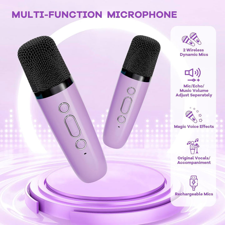 Přenosný mini karaoke přístroj s Bluetooth reproduktorem a 2 bezdrátovými mikrofony – Veylo