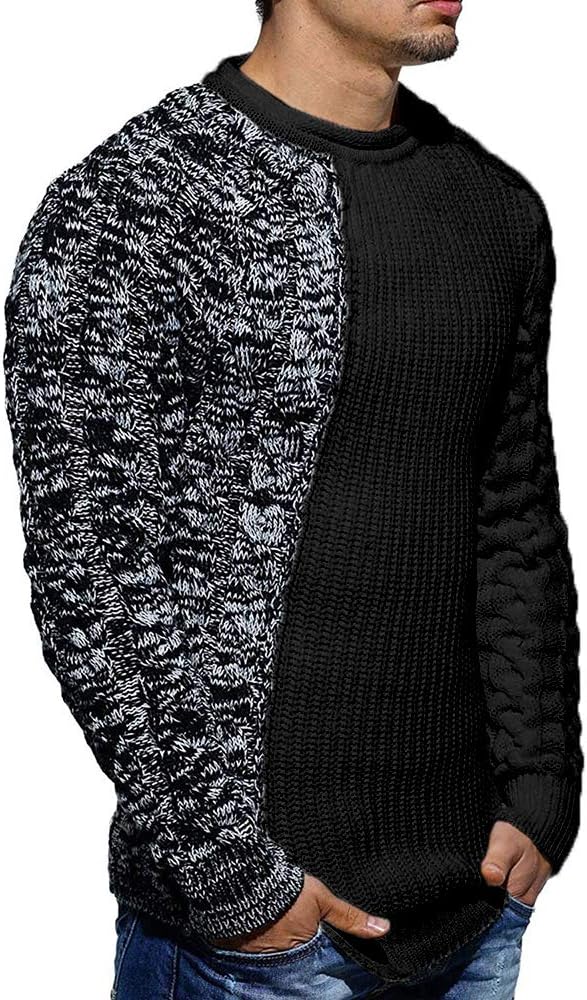 Schwarz-grauer Herrenpullover, Strickmuster, langärmelig, modisch, Freizeitkleidung.