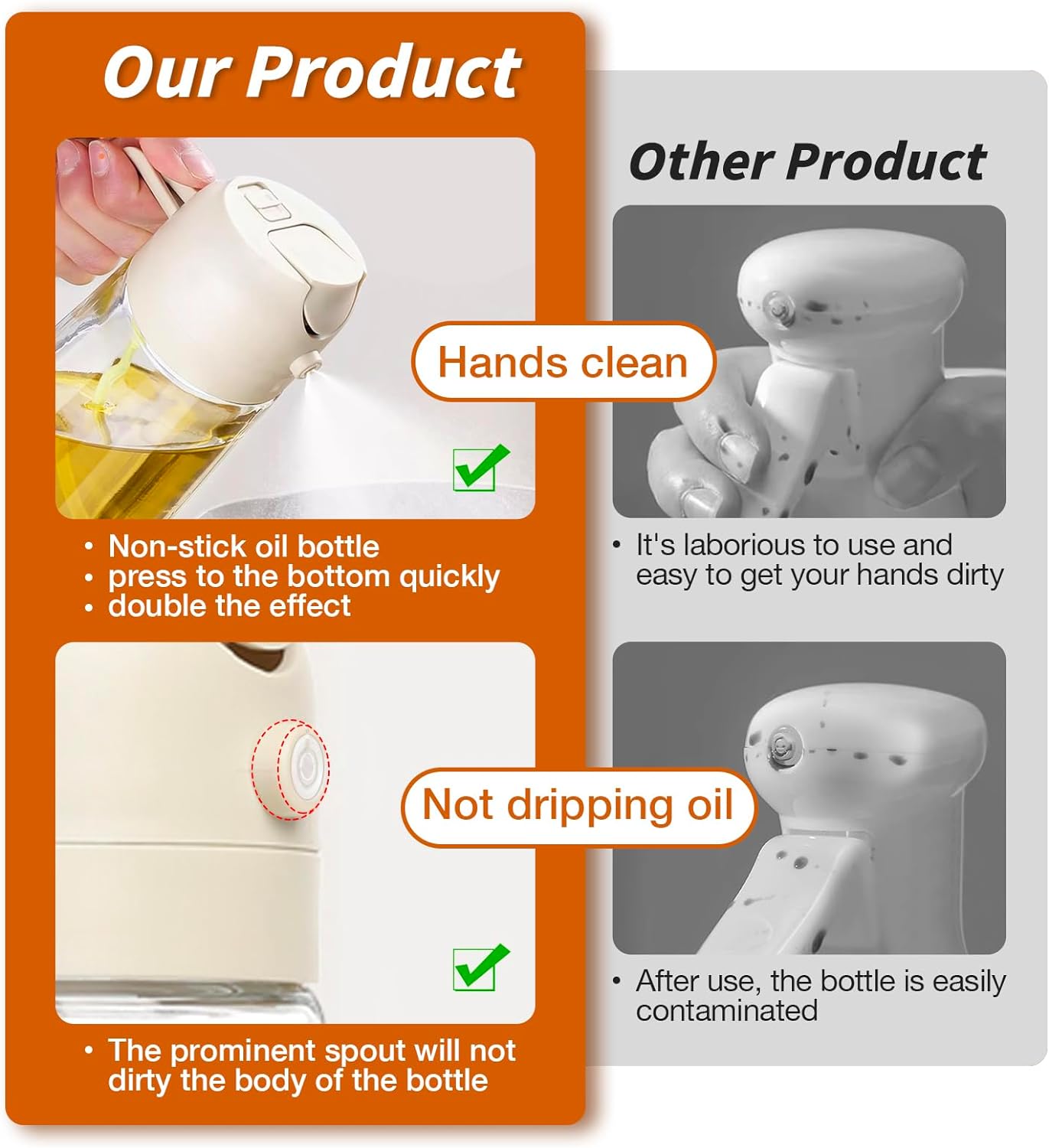 Ölspender aus Glas mit Anti-Tropf-Design, weißer Deckel, saubere Hände, einfache Anwendung.