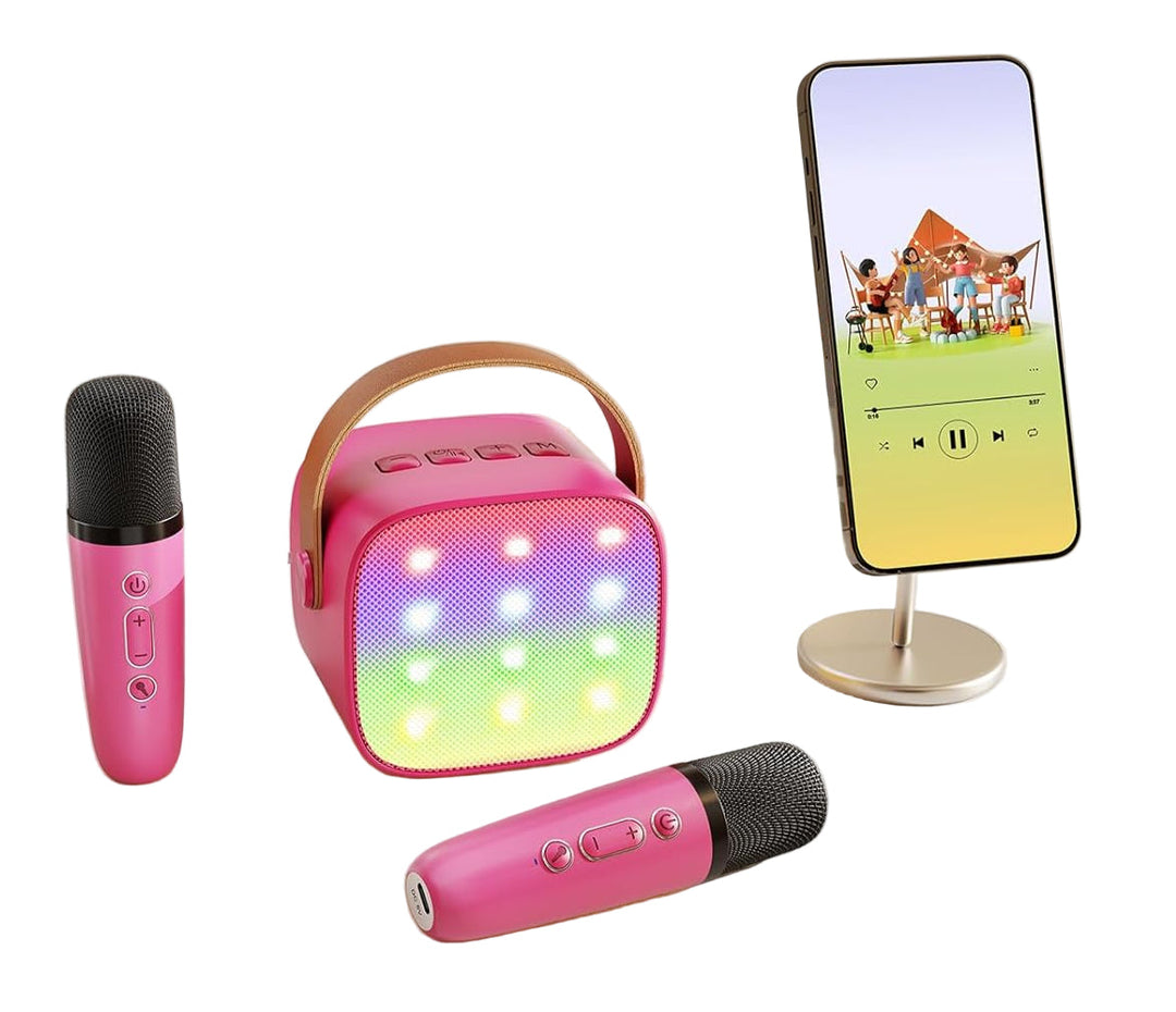 Přenosný mini karaoke přístroj s Bluetooth reproduktorem a 2 bezdrátovými mikrofony – Veylo