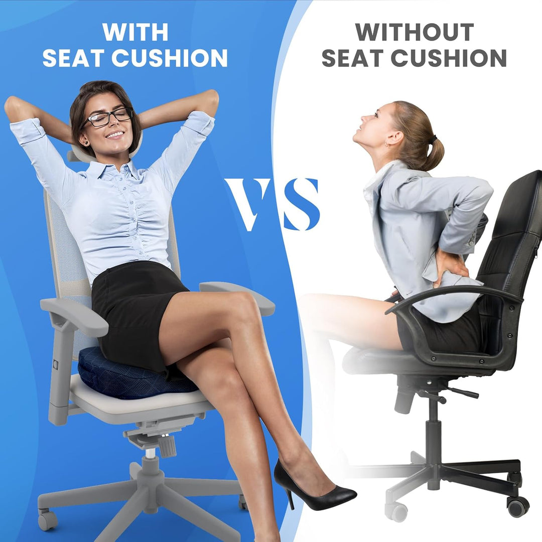 Bürostuhl mit Sitzkissen, ergonomisch, blau, Komfortvergleich, Rückenschmerzen lindern.