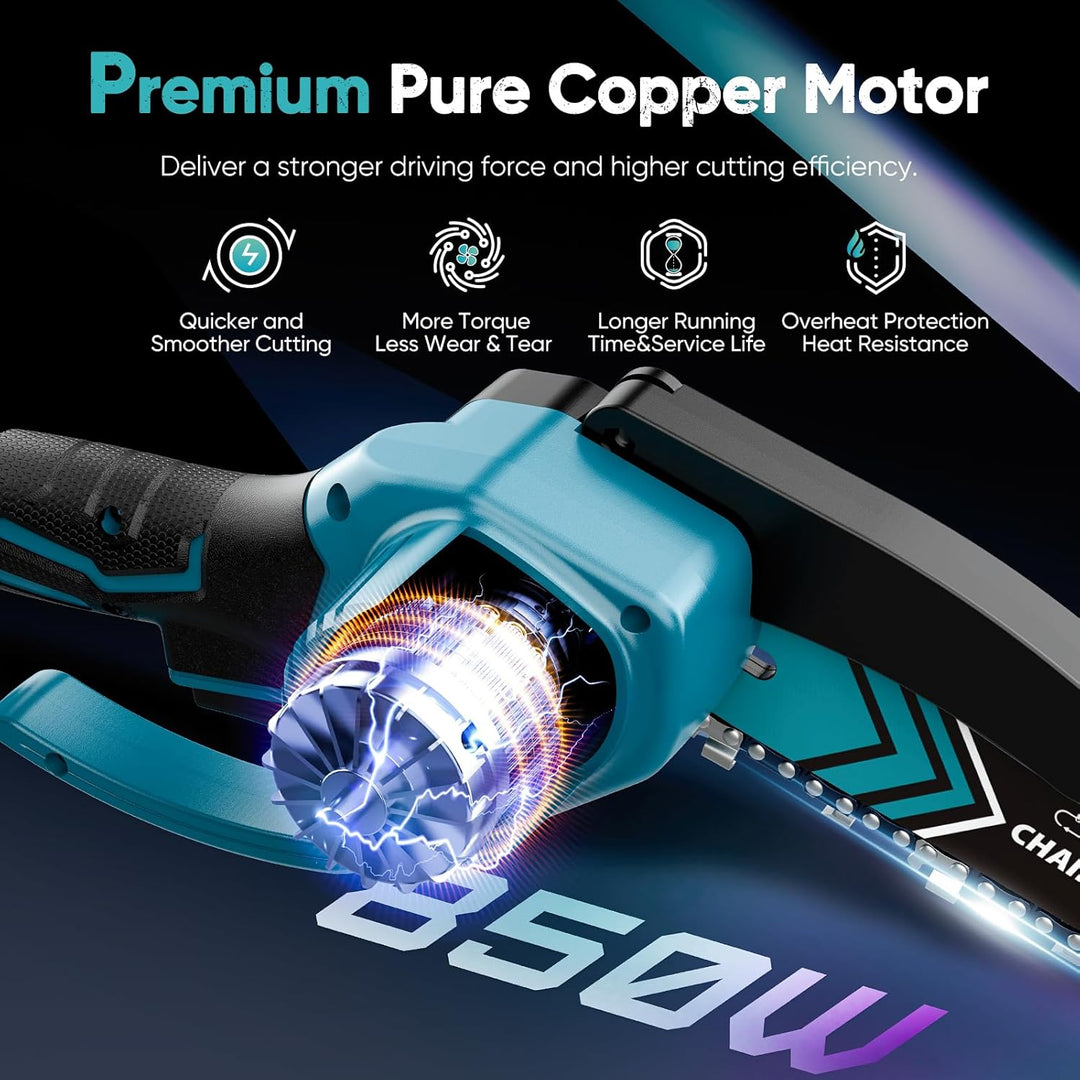 Akumulátorová mini řetězová pila 6 palců s LED světlem a 21V baterií – TimberCut