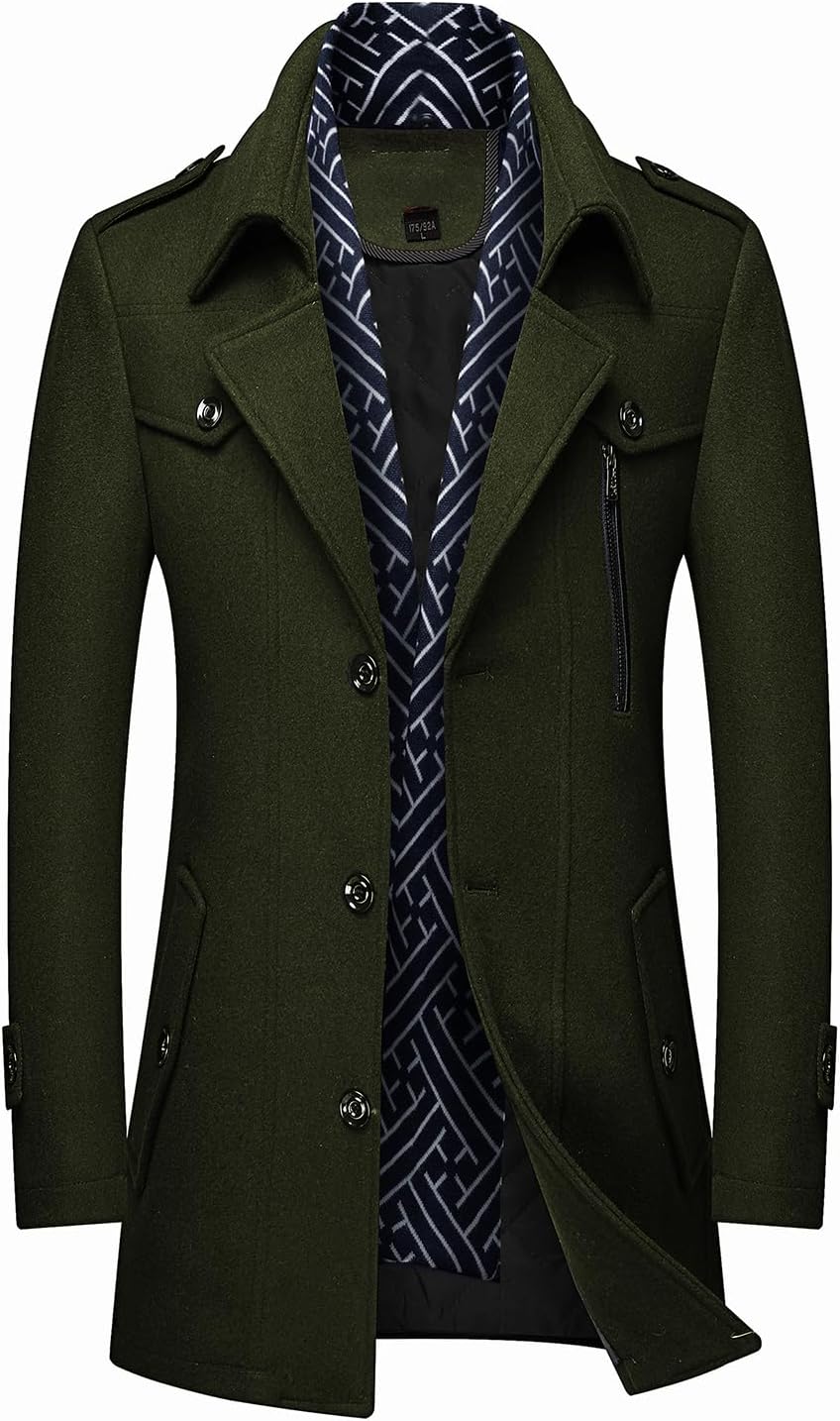 Dunkelgrüner Herrenmantel, Wollmischung, elegantes Design, Herbstmode, Reißverschluss, Knöpfe.
