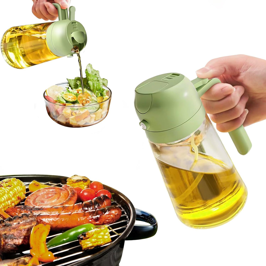 Grüne Ölspenderflasche aus Kunststoff, ideal für Salate und Grillgerichte.