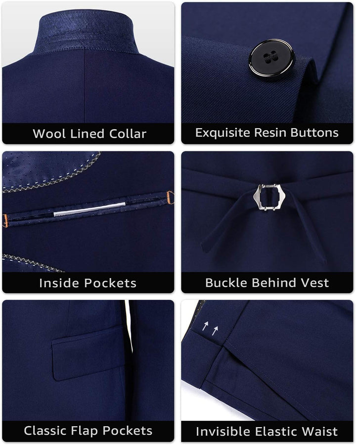 Dunkelblauer Herrenanzug mit Wollkragen, Harzknöpfen, Innentaschen und klassischem Design.