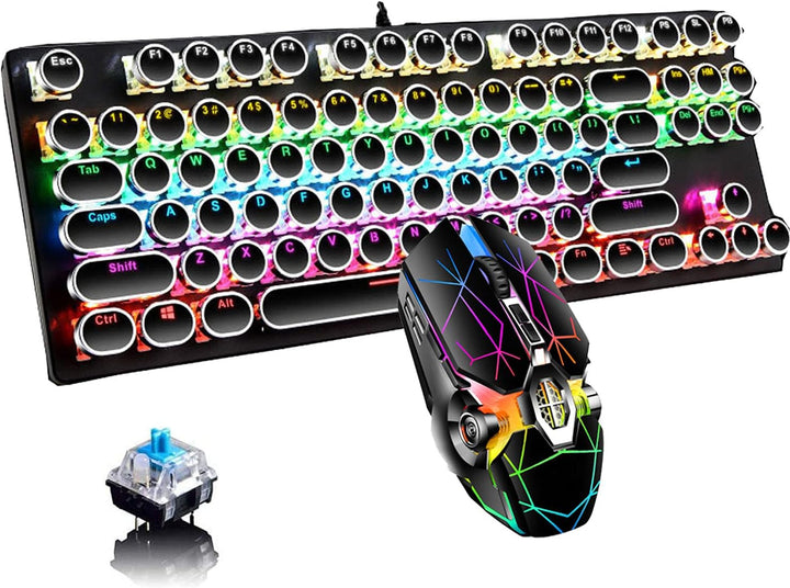 Mechanická herní klávesnice s 87 klávesami, RGB podsvícením a modrými spínači.