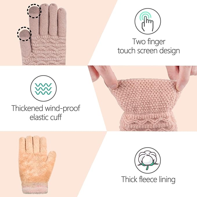 Damen Winterhandschuhe, rosa, Touchscreen-fähig, winddicht, dickes Fleecefutter.