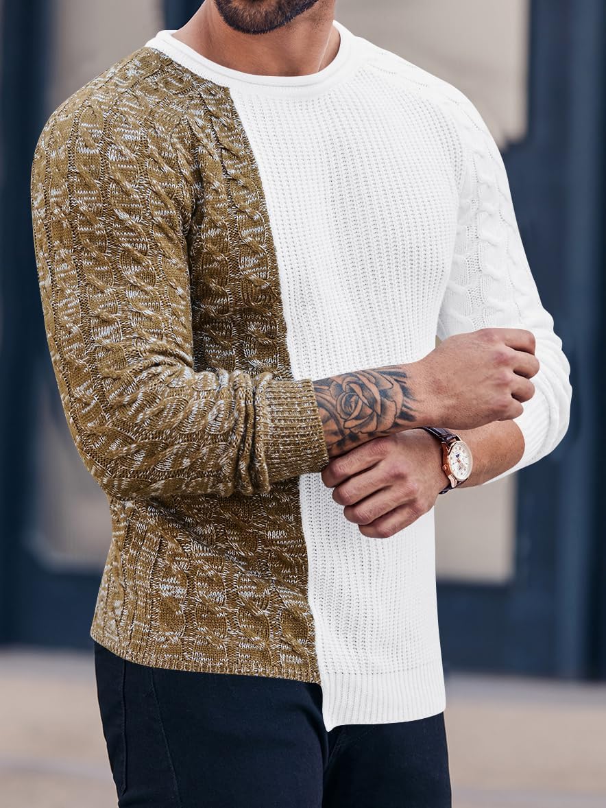 Zweifarbiger Herrenpullover, braun und weiß, Strickmuster, modisch, langärmelig.