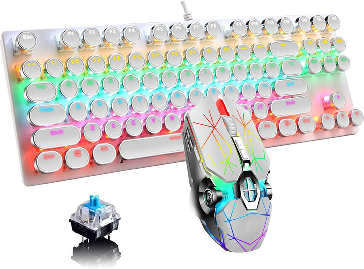 Mechanická herní klávesnice s 87 klávesami, RGB podsvícením a modrými spínači.