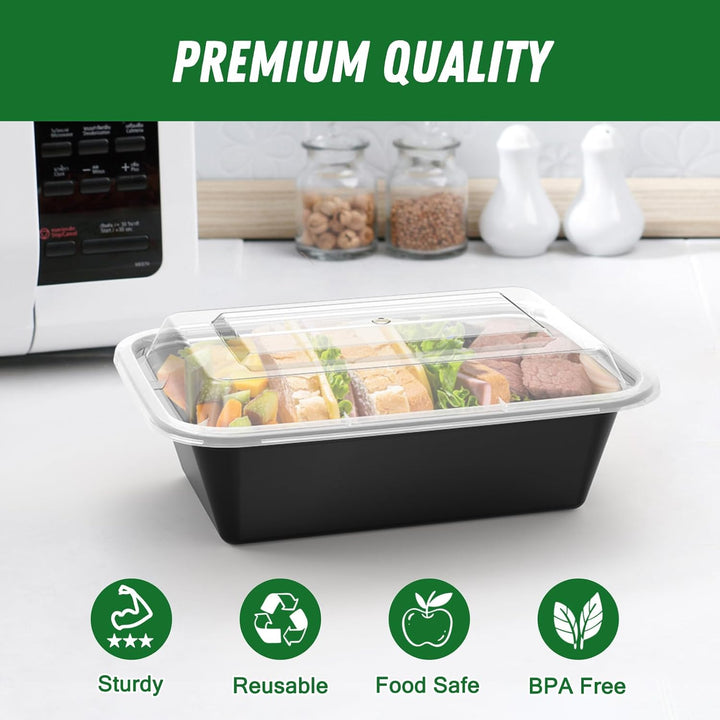 Schwarze Meal-Prep-Box mit transparentem Deckel, BPA-frei, lebensmittelecht, wiederverwendbar.