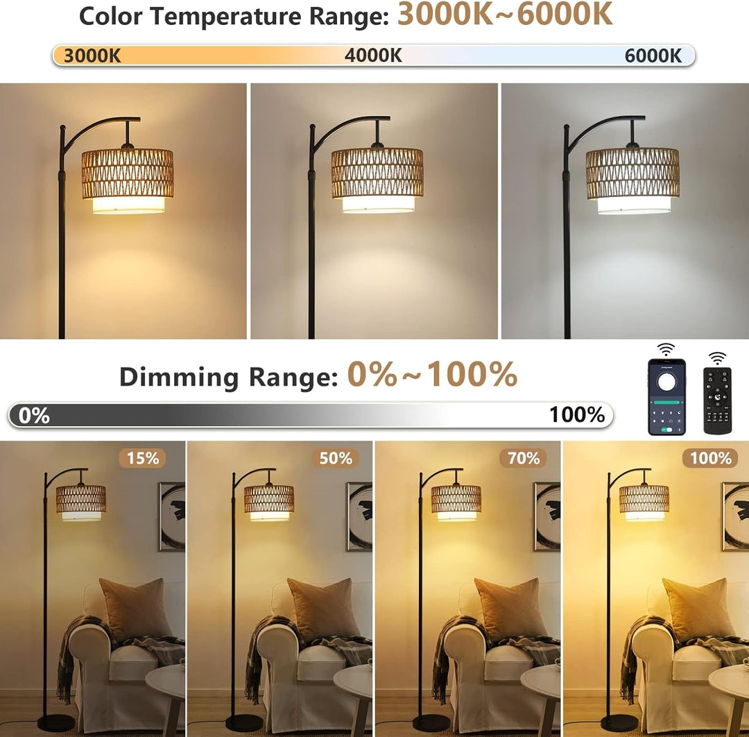 Oblouková stojací lampa s dálkovým ovládáním a dvojitými stínidly – Norvella