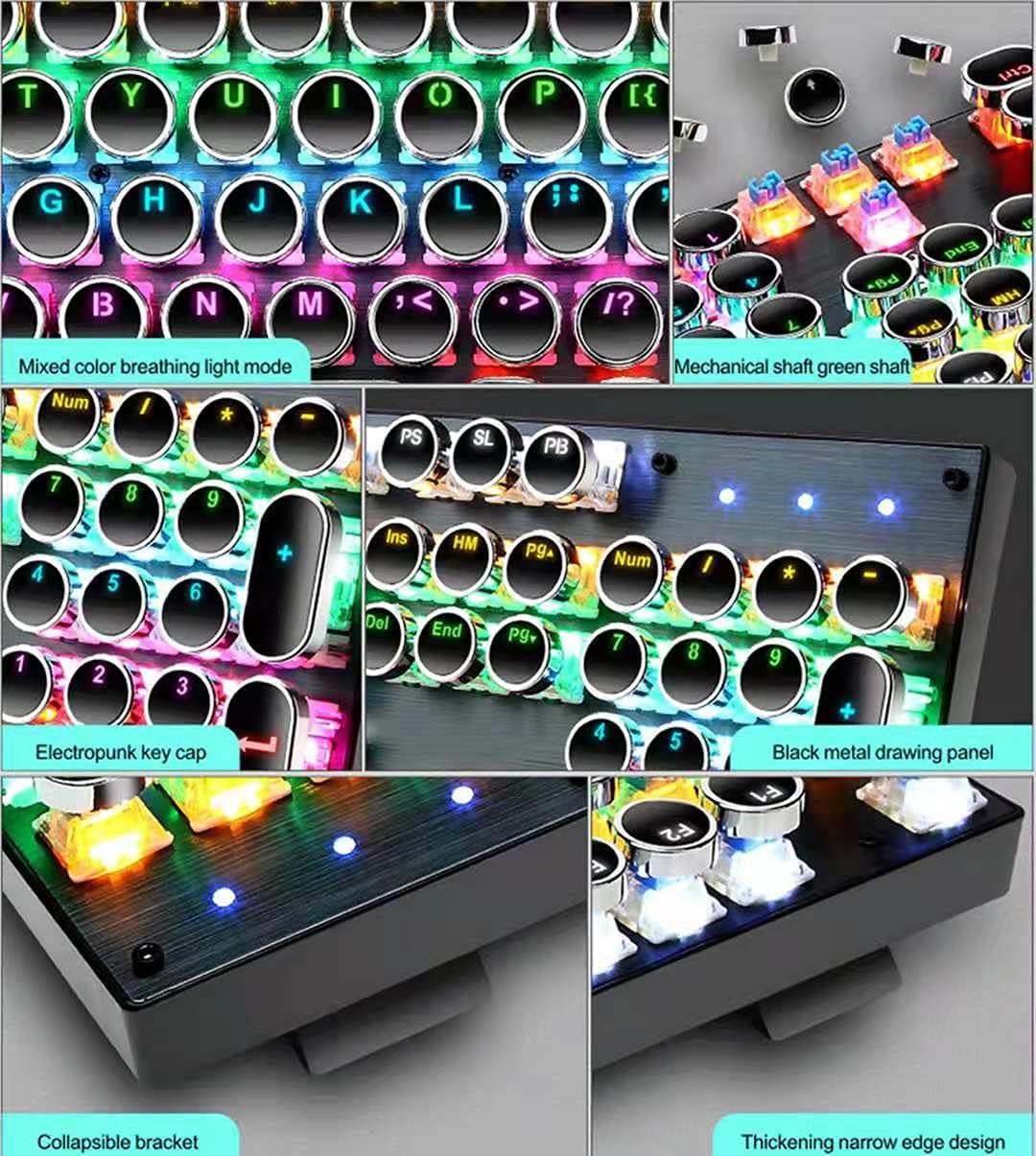 Mechanická herní klávesnice s 87 klávesami, RGB podsvícením a modrými spínači.