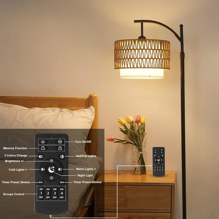 Oblouková stojací lampa s dálkovým ovládáním a dvojitými stínidly – Norvella