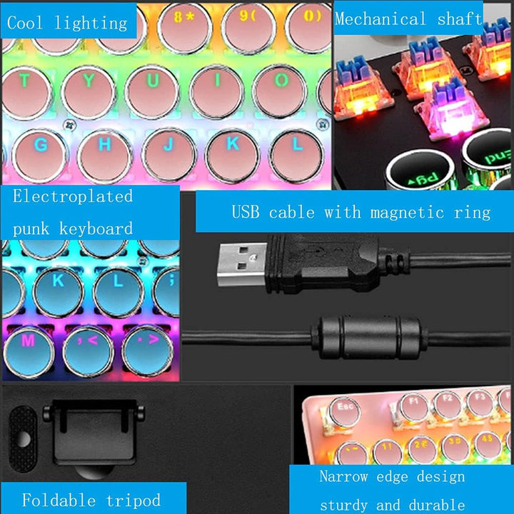 Mechanická herní klávesnice s 87 klávesami, RGB podsvícením a modrými spínači.