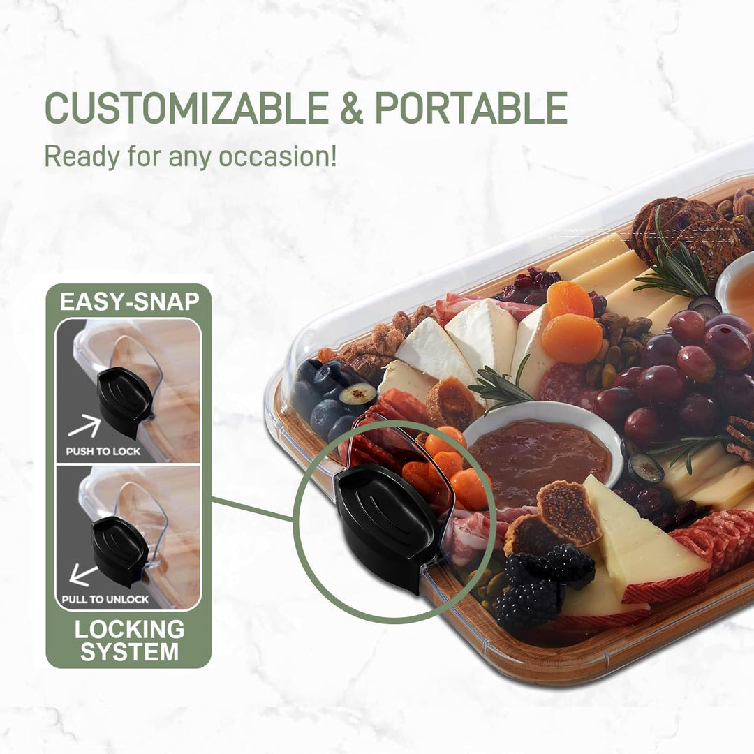 Bambusové servírovací prkénko na uzeniny a sýry s uzamykatelným průhledným víkem – Savorya