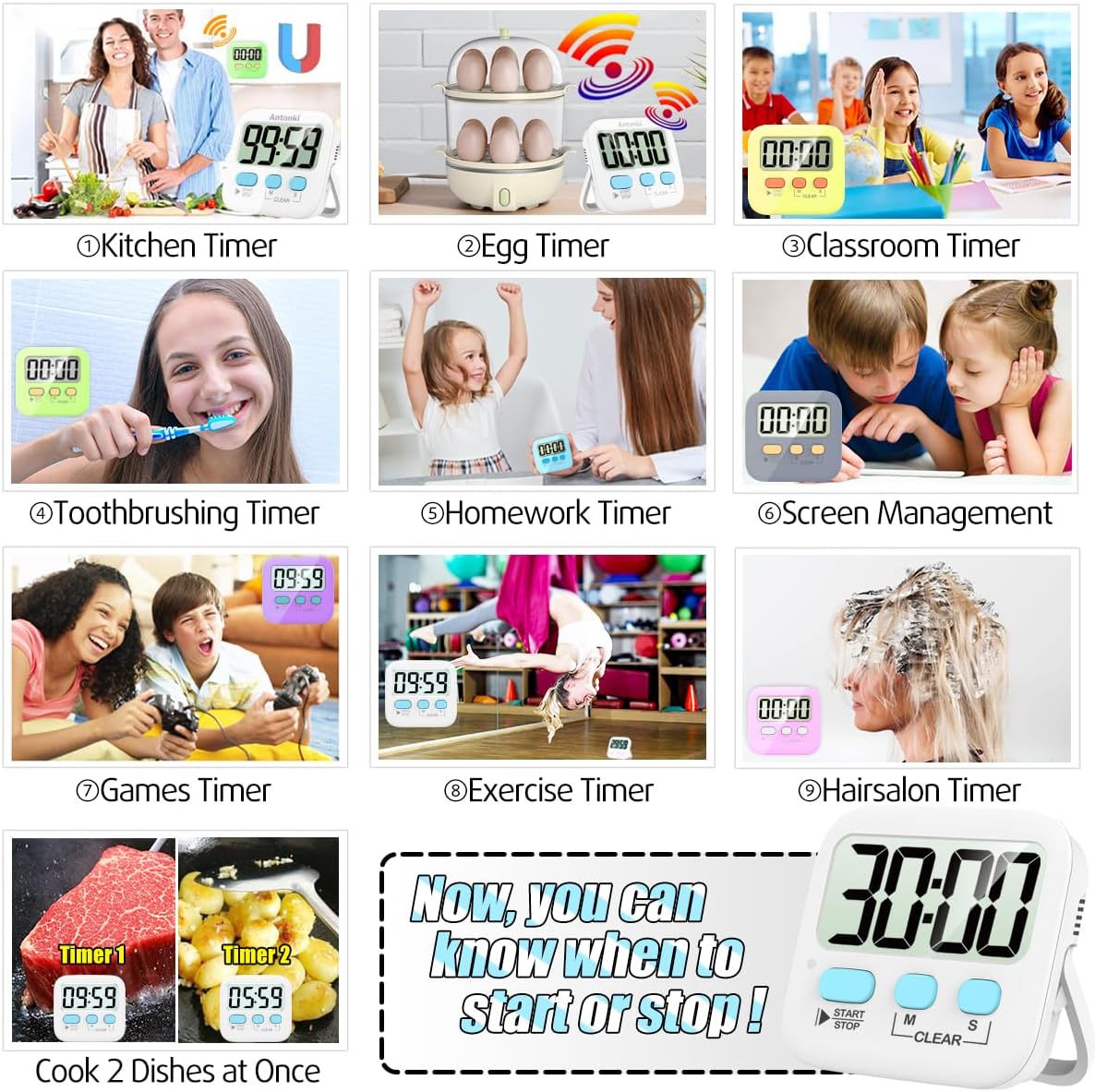 Digitale Timer für Küche, Eier, Hausaufgaben, Zahnpflege, Spiele, Sport, Friseur, Bildschirmzeit.