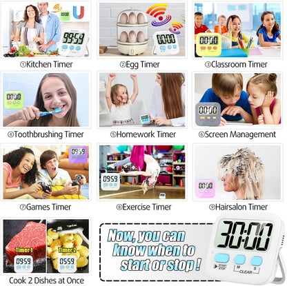 Digitale Timer für Küche, Eier, Hausaufgaben, Zahnpflege, Spiele, Sport, Friseur, Bildschirmzeit.