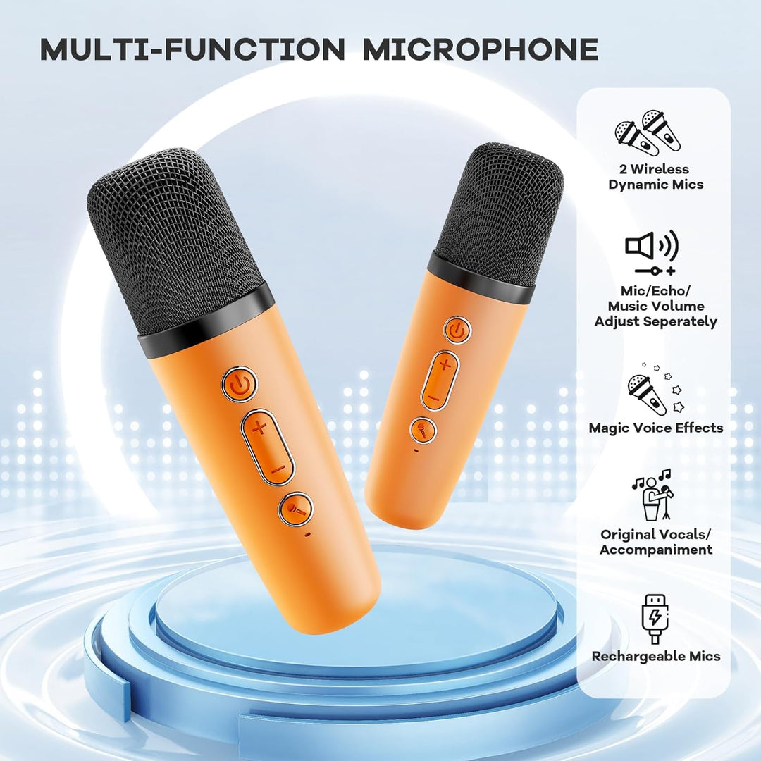 Přenosný mini karaoke přístroj s Bluetooth reproduktorem a 2 bezdrátovými mikrofony – Veylo