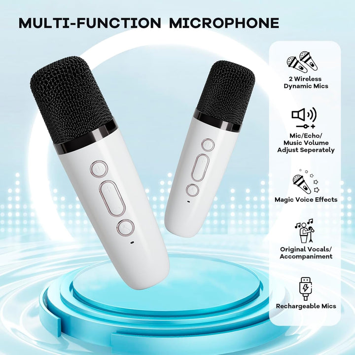 Přenosný mini karaoke přístroj s Bluetooth reproduktorem a 2 bezdrátovými mikrofony – Veylo