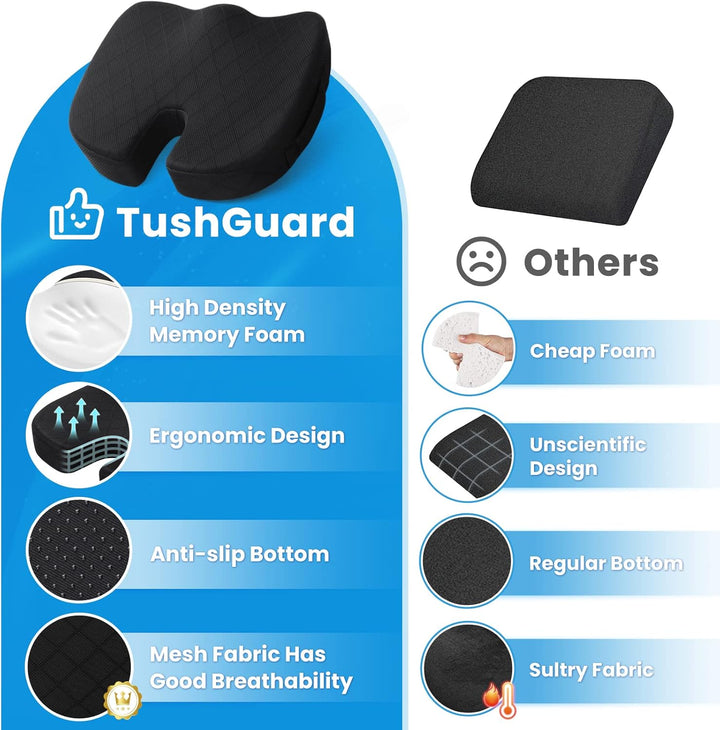 Orthopädisches Sitzkissen, schwarzer Memory-Schaum, ergonomisch, rutschfest, atmungsaktiv.