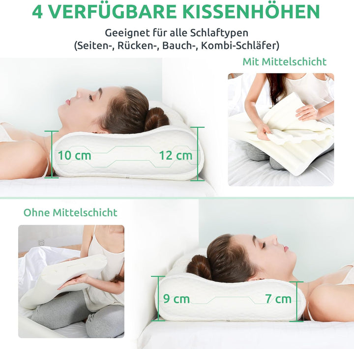 Orthopädisches Kissen, verstellbare Höhe, Memory-Schaum, ergonomisch, für alle Schlafpositionen.