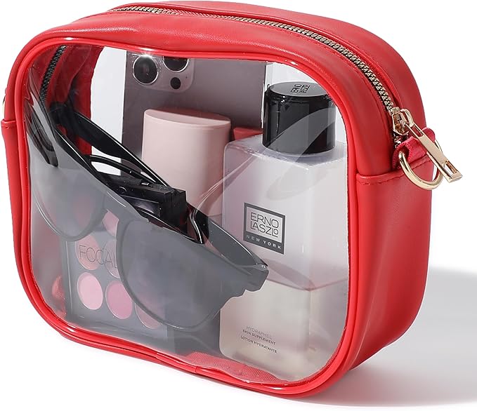 Rote transparente Kosmetiktasche mit Reißverschluss, Sonnenbrille, Make-up, ideal für Reisen.