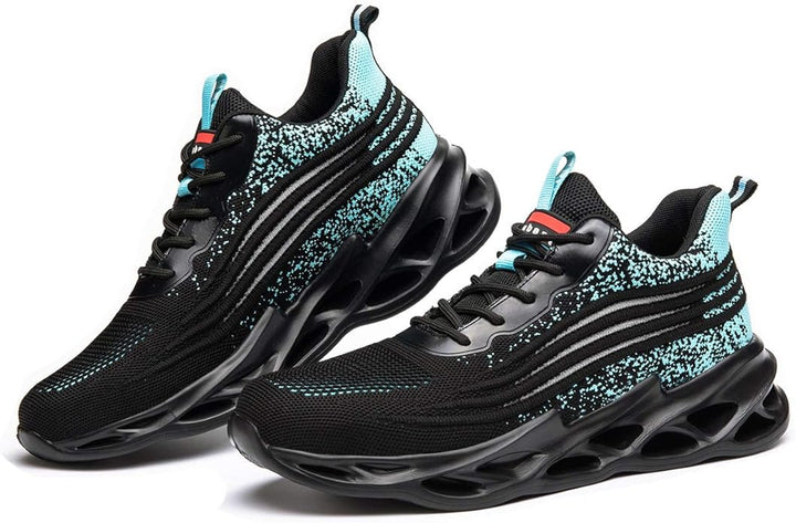 Schwarze Sportschuhe mit türkisfarbenen Akzenten, atmungsaktives Mesh, rutschfeste Sohle.