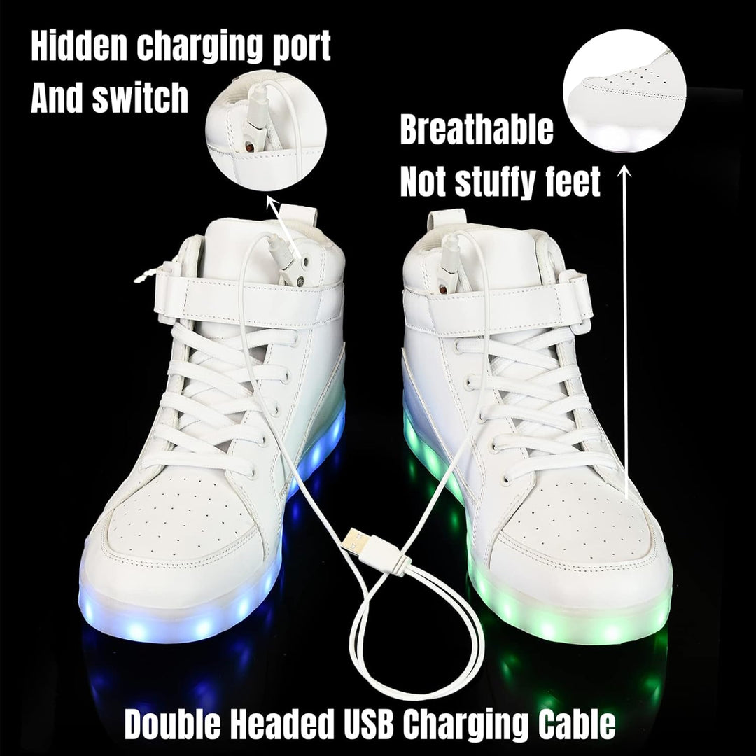 Weiße LED-Sneaker mit USB-Ladekabel, atmungsaktiv, versteckter Ladeanschluss.