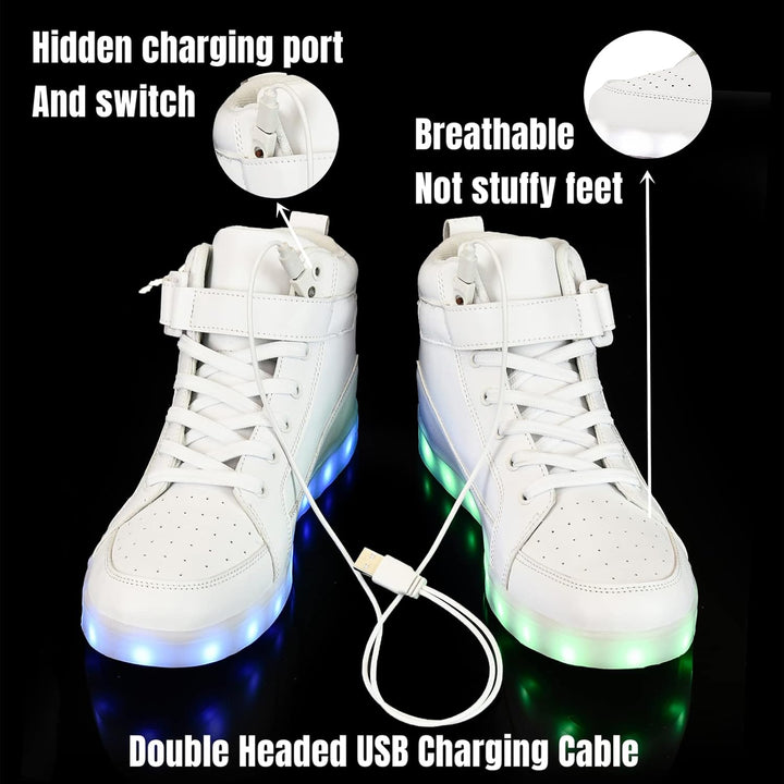 Weiße LED-Sneaker mit USB-Ladekabel, atmungsaktiv, versteckter Ladeanschluss.