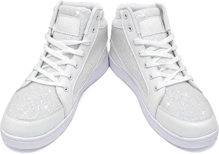 Weiße Glitzer-Sneaker für Damen, hohe Sneaker, modische Freizeitschuhe, glänzend.