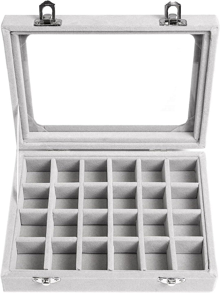 Grauer Schmuckkasten mit 24 Fächern, Glasdeckel, Aufbewahrung für Ringe und Ohrringe.