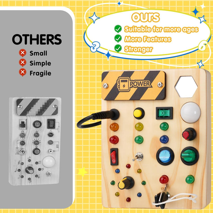 Holz Busyboard für Kinder, Lernspielzeug, multifunktional, bunt, mit Knöpfen und Schaltern.
