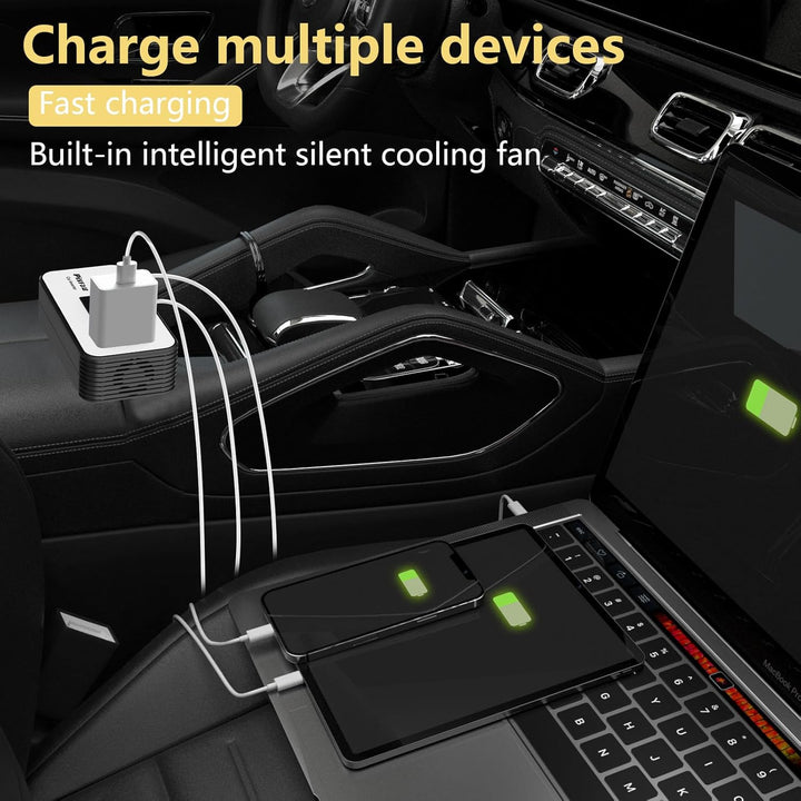 Auto-Ladegerät mit USB-Anschlüssen, schnelles Laden, mehrere Geräte, integrierter Lüfter.