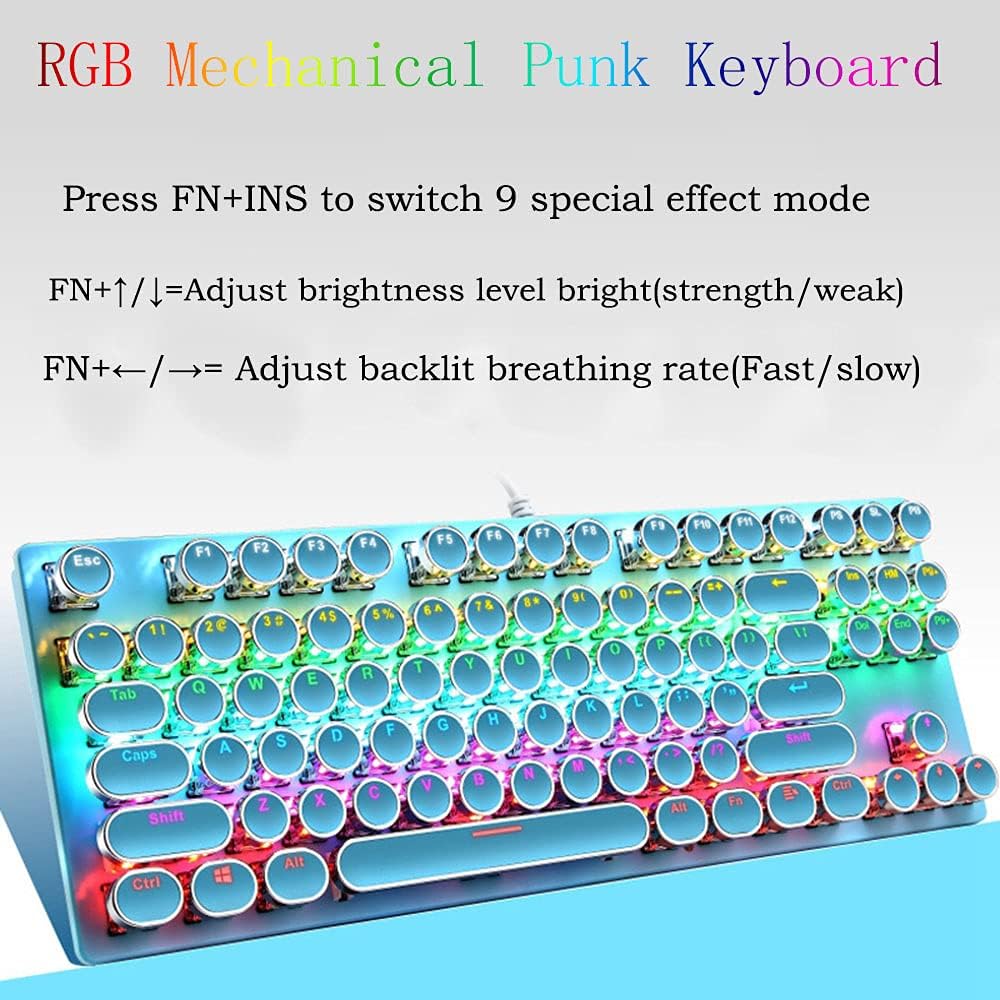 Mechanická herní klávesnice s 87 klávesami, RGB podsvícením a modrými spínači.