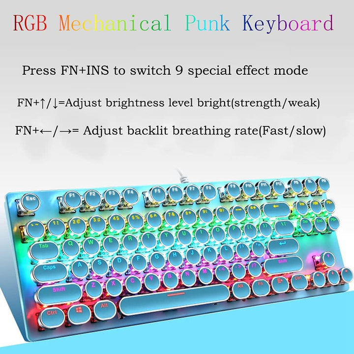 Mechanická herní klávesnice s 87 klávesami, RGB podsvícením a modrými spínači.